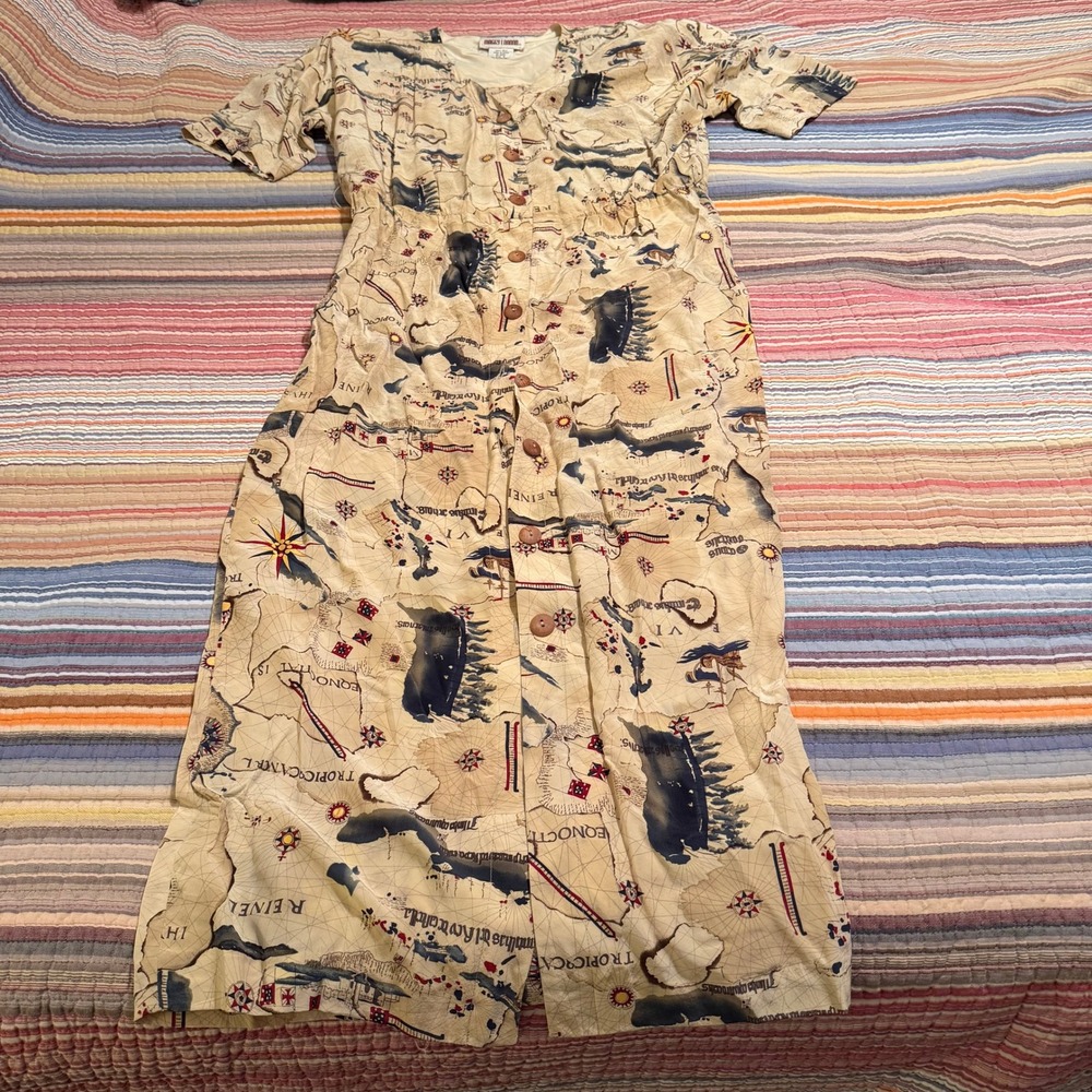MAGGY LONDON 100% Silk Map Print Midi Dress Size 6 Short Sleeve V Neck